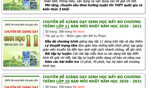 Chuyên đề Sinh học lớp 10, 11, 12 đầy đủ chương trình, năm học 2020 - 2021 file word